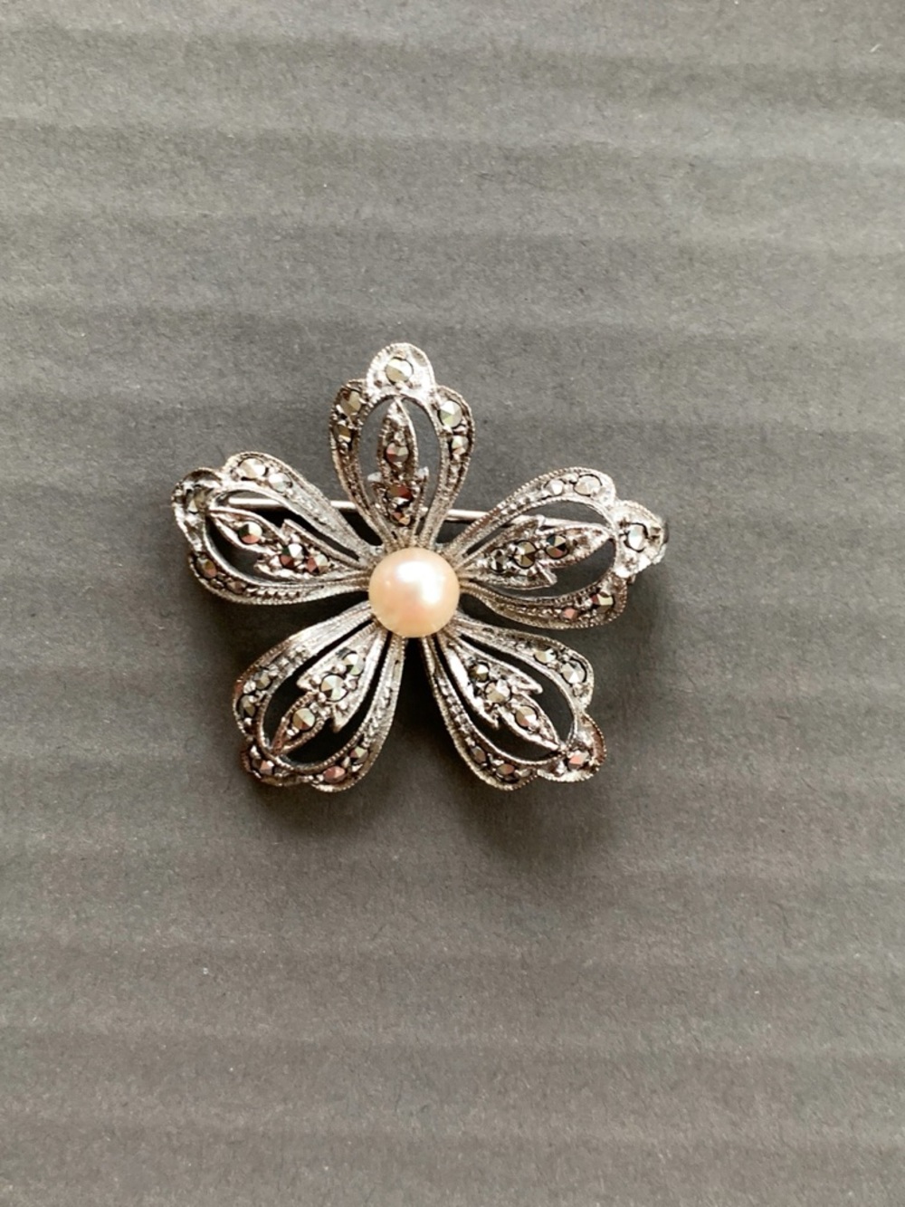 Vintage Marcasite Sterling Silver Pearl flower brooch pin signed West Germany